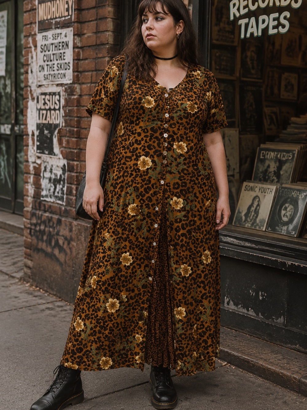 Vintage Betsy Lauren Leopard Floral Maxi Dress 16W Grunge Cottagecore 90s